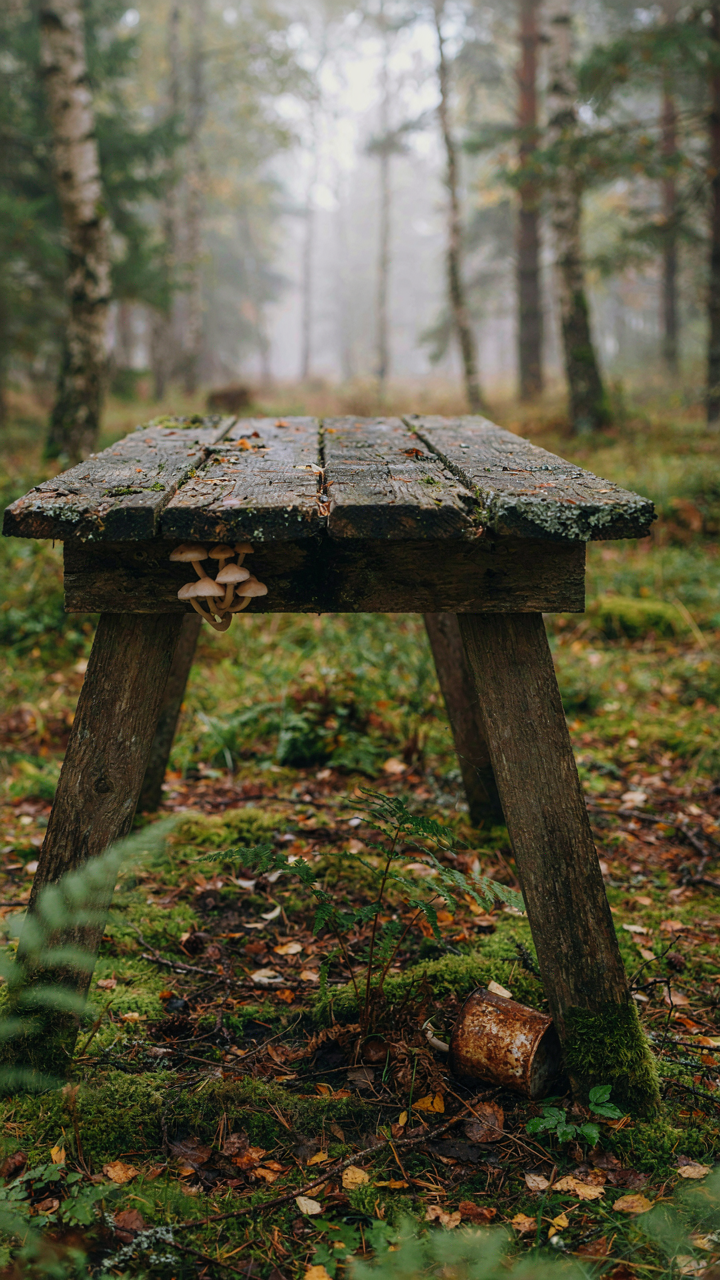A weathered, moldy wooden diy camp table sits in a damp forest, showing rot.