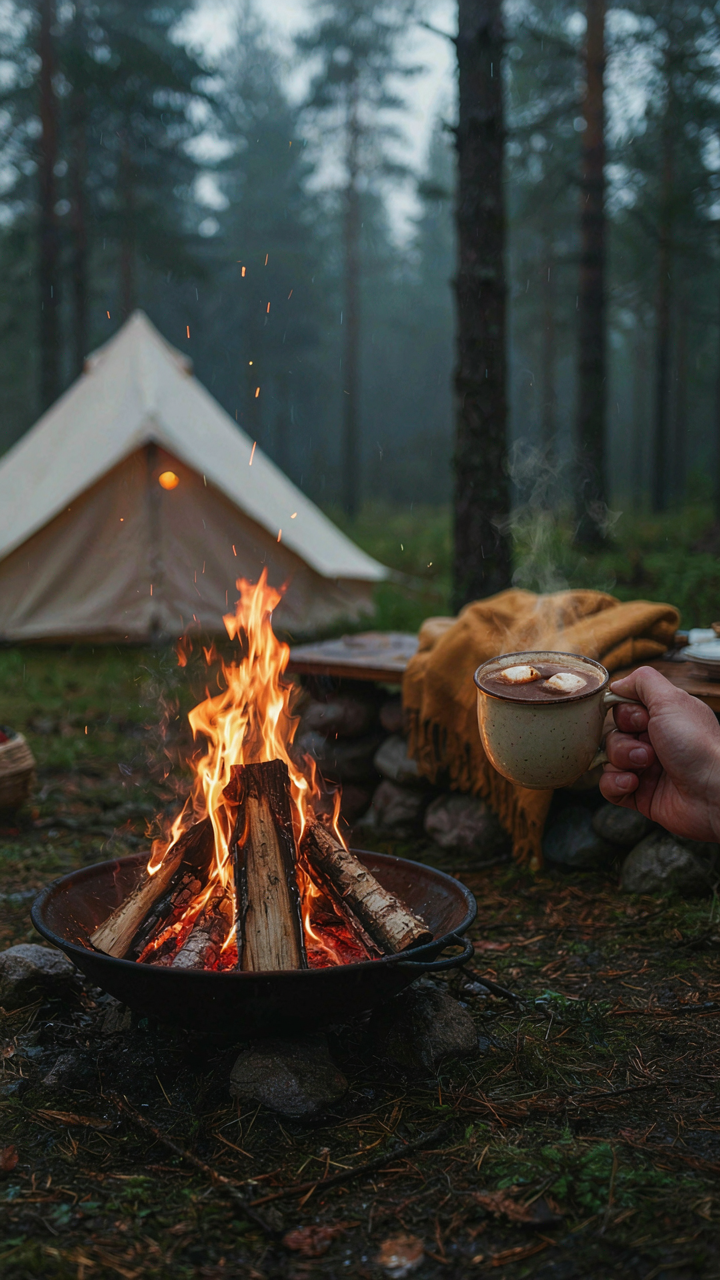 A hand holds a steaming mug by a roaring campfire in gentle rain.