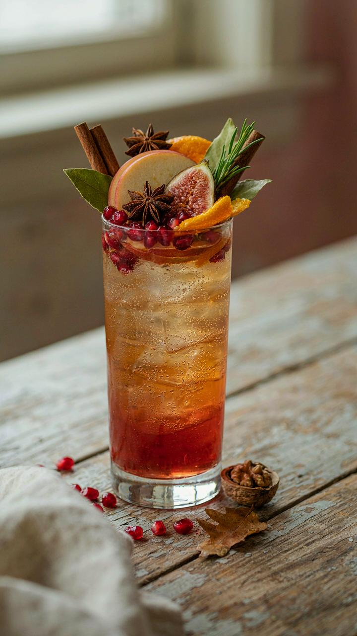 An overly complex and cluttered fall mocktail with many garnishes.
