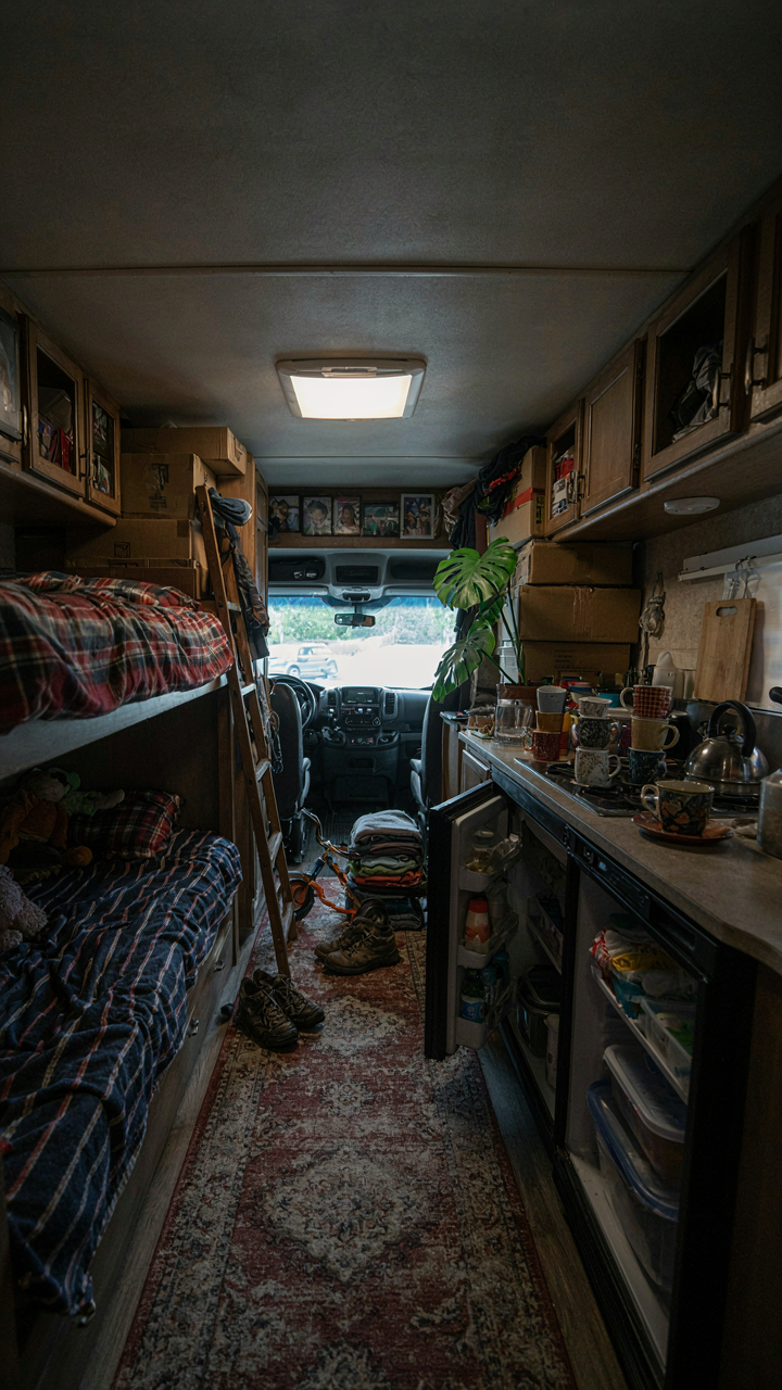 A small RV interior is completely full of many personal items.