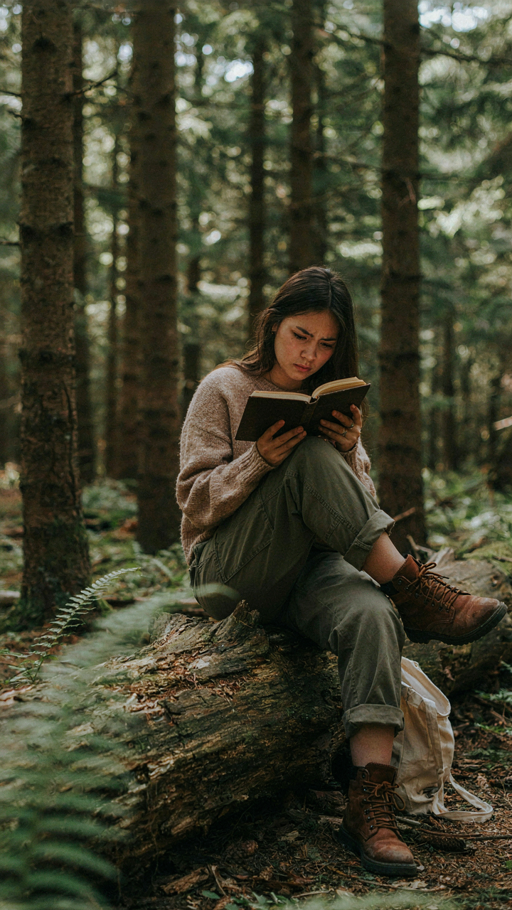 A person tries to read a book while sitting on an uncomfortable log.