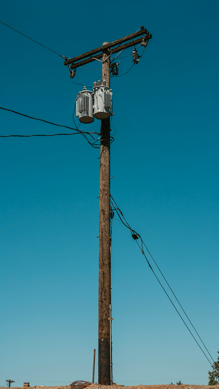 A utility pole with many wires and equipment, built for strength.