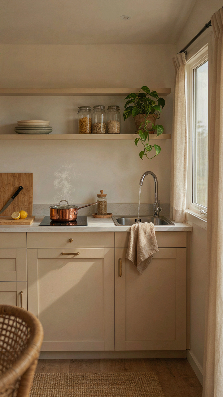 A compact and organized camper kitchen shows efficient use of space.