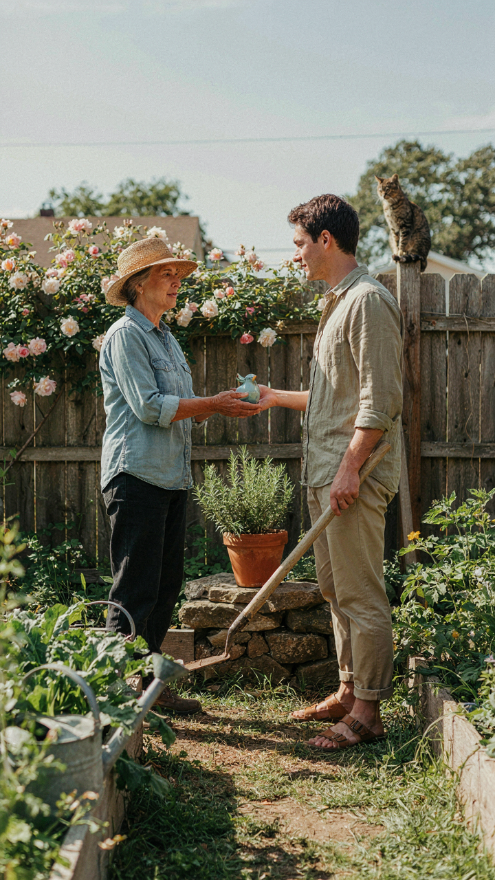 A person trades a small decorative item for a useful garden tool, showing value exchange.