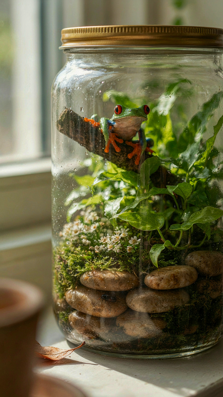 A vibrant and balanced mini ecosystem thriving inside a glass terrarium.