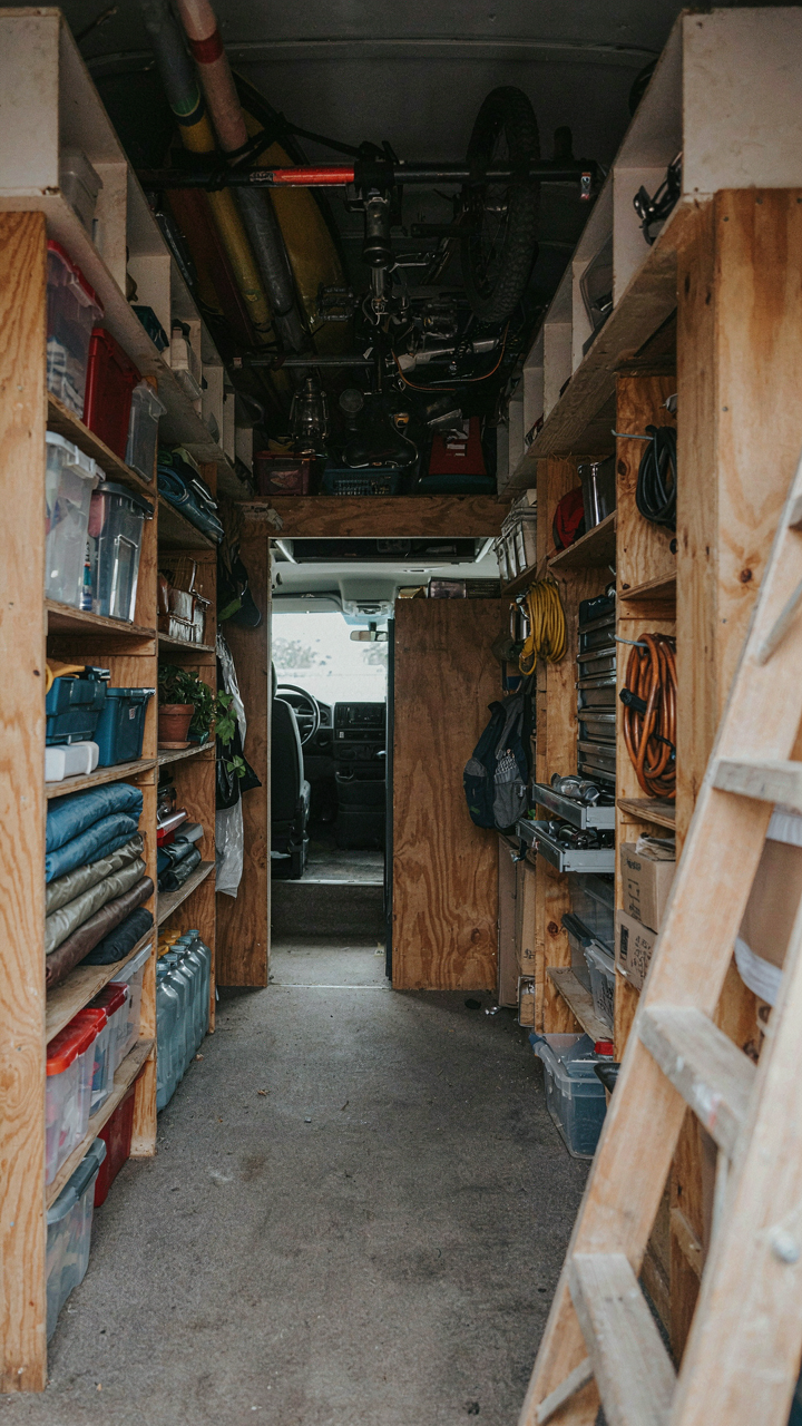A van interior crammed with too many custom-built storage units.