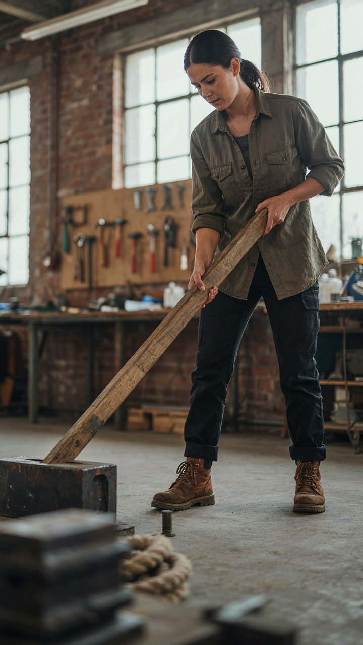A person uses a long lever to lift a very heavy object.