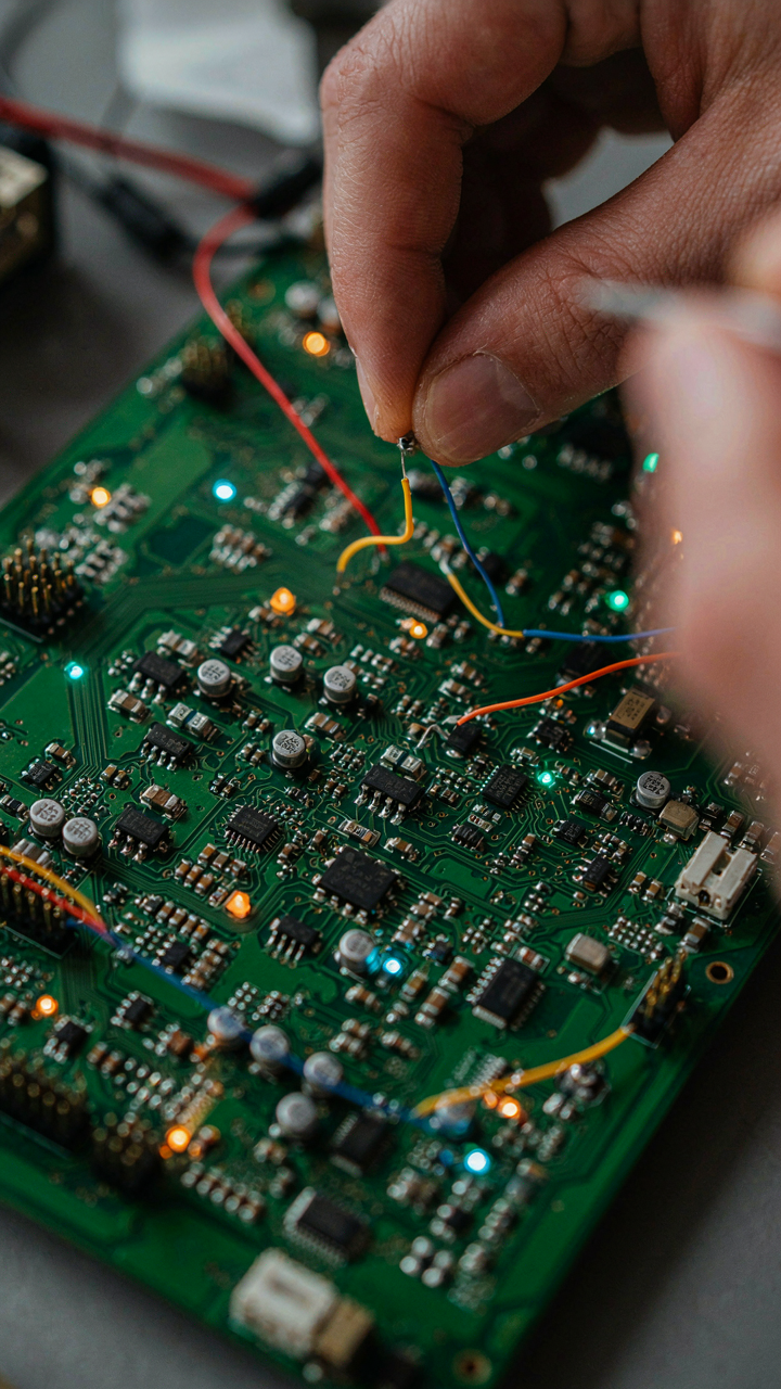 A human hand adjusts a component on a glowing, complex circuit board.