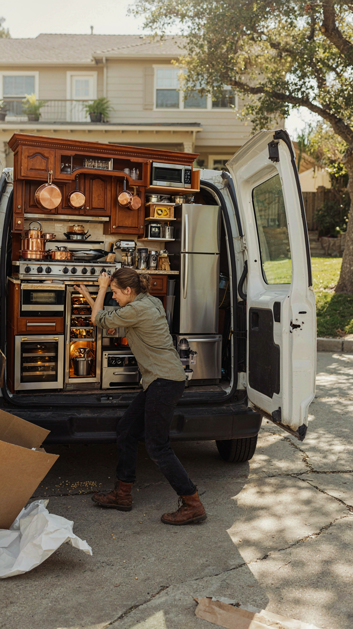 A person tries to fit a large, fancy kitchen appliance into a small van opening.