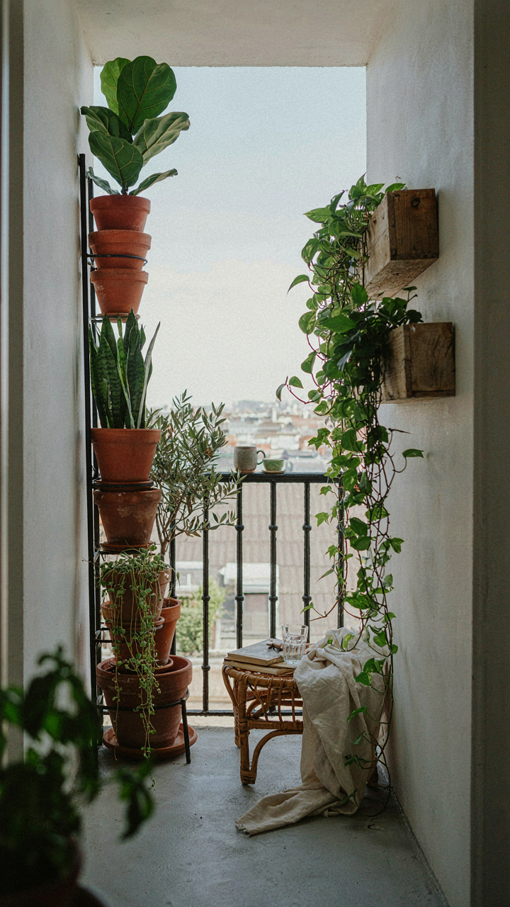 A small balcony uses vertical planters to grow many plants.
