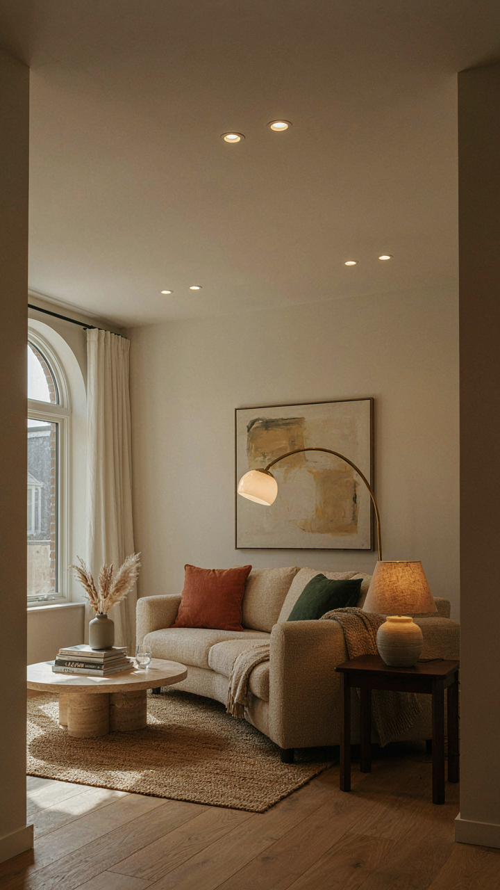 A living room with layered lighting, showing visual depth.