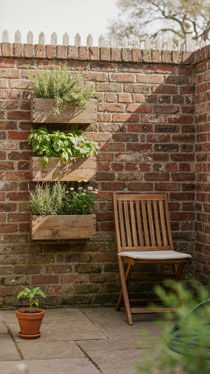 A brick wall has planters with herbs and a folding chair nearby.
