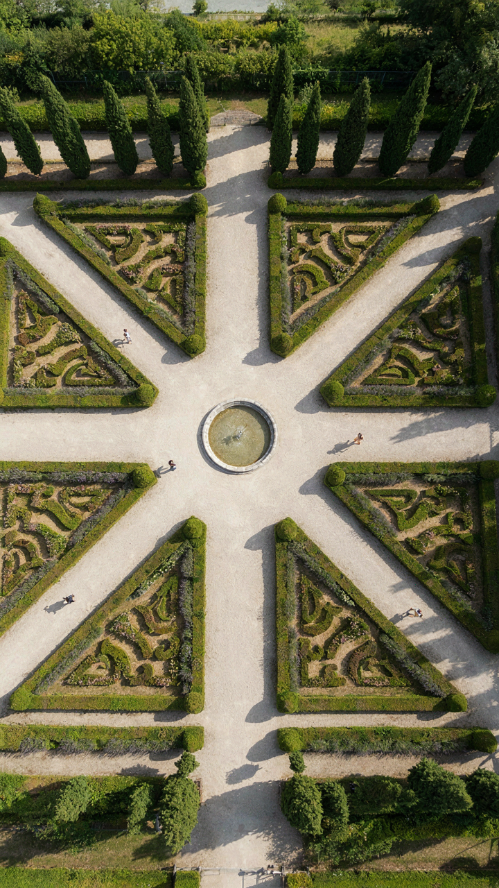 A formal garden from above, with paths guiding people like a military strategy.