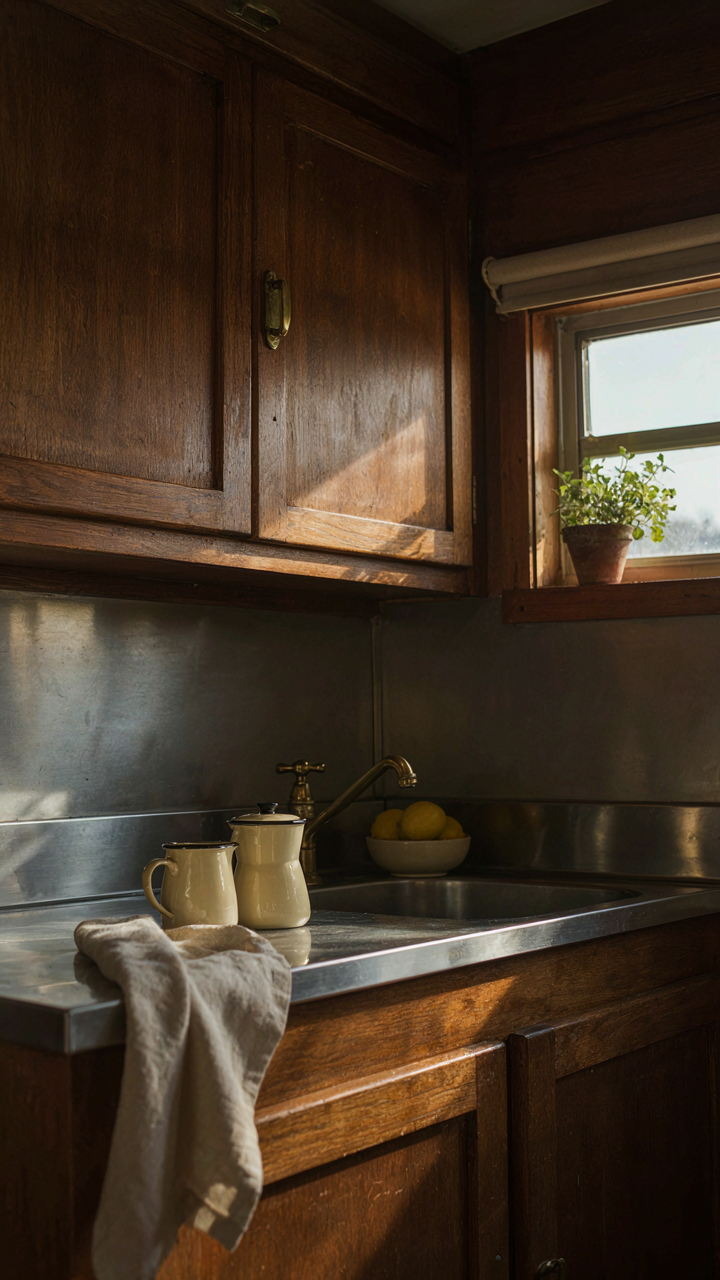 A vintage camper kitchen features a gleaming stainless steel counter and wood cabinets.