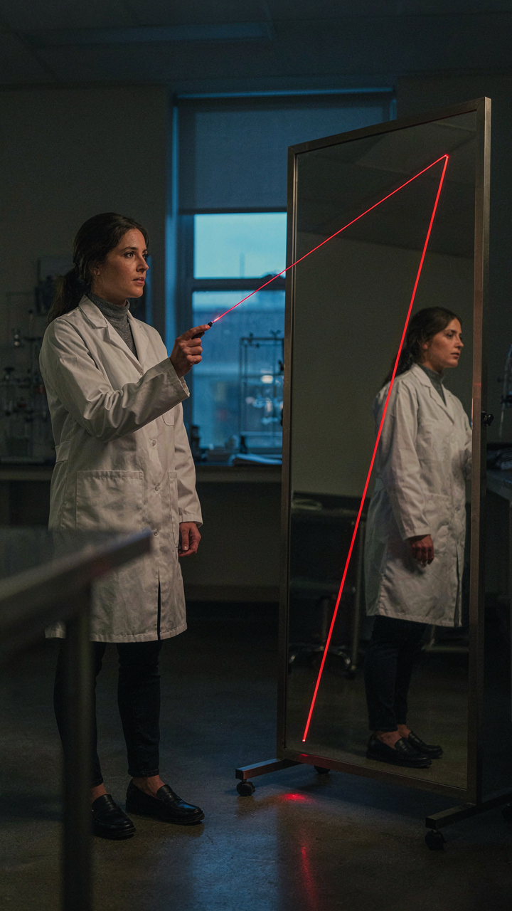 A scientist uses a laser pointer to show light reflecting off a mirror.