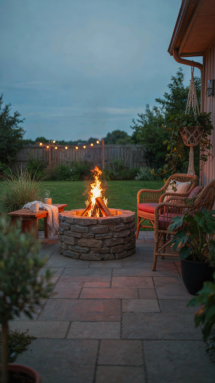 A cozy fire pit on a patio, drawing all eyes to its warm glow.