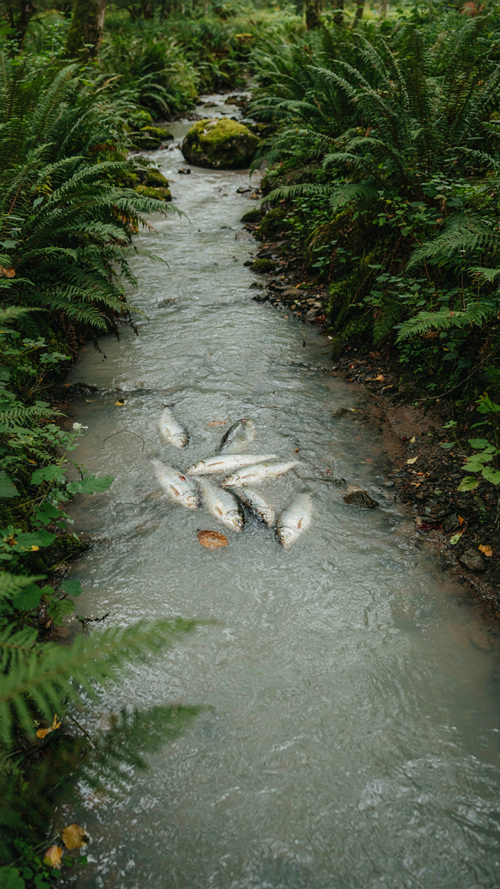 Dead fish float on the surface of a small, cloudy mountain stream.