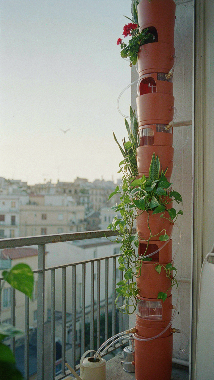 Connected plant pots show a self-watering system on a balcony.