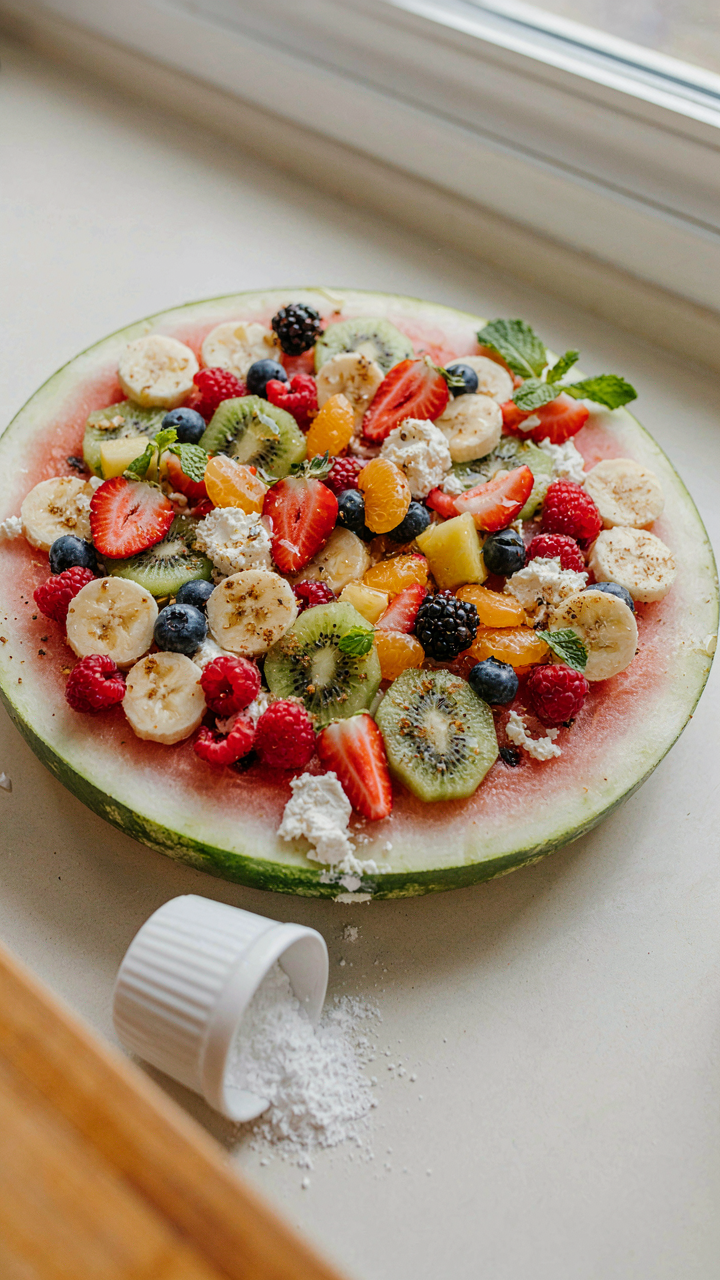 A messy watermelon fruit pizza with too many toppings.