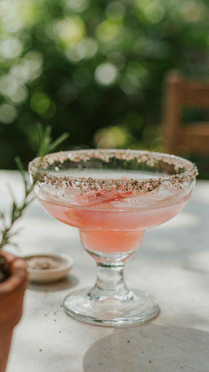 A margarita glass rim is coated with smoked salt, ready for a watermelon mocktail.