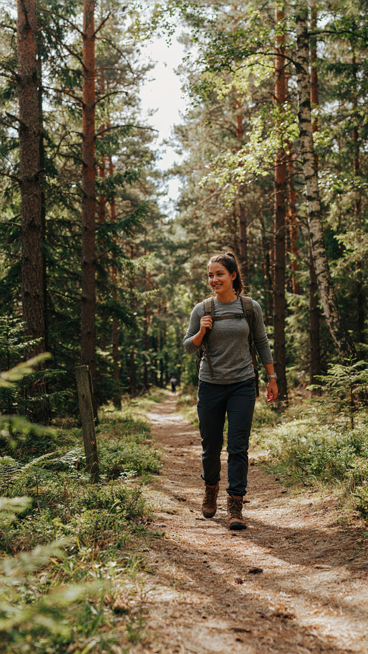 A happy hiker enjoying a trail in a green forest.