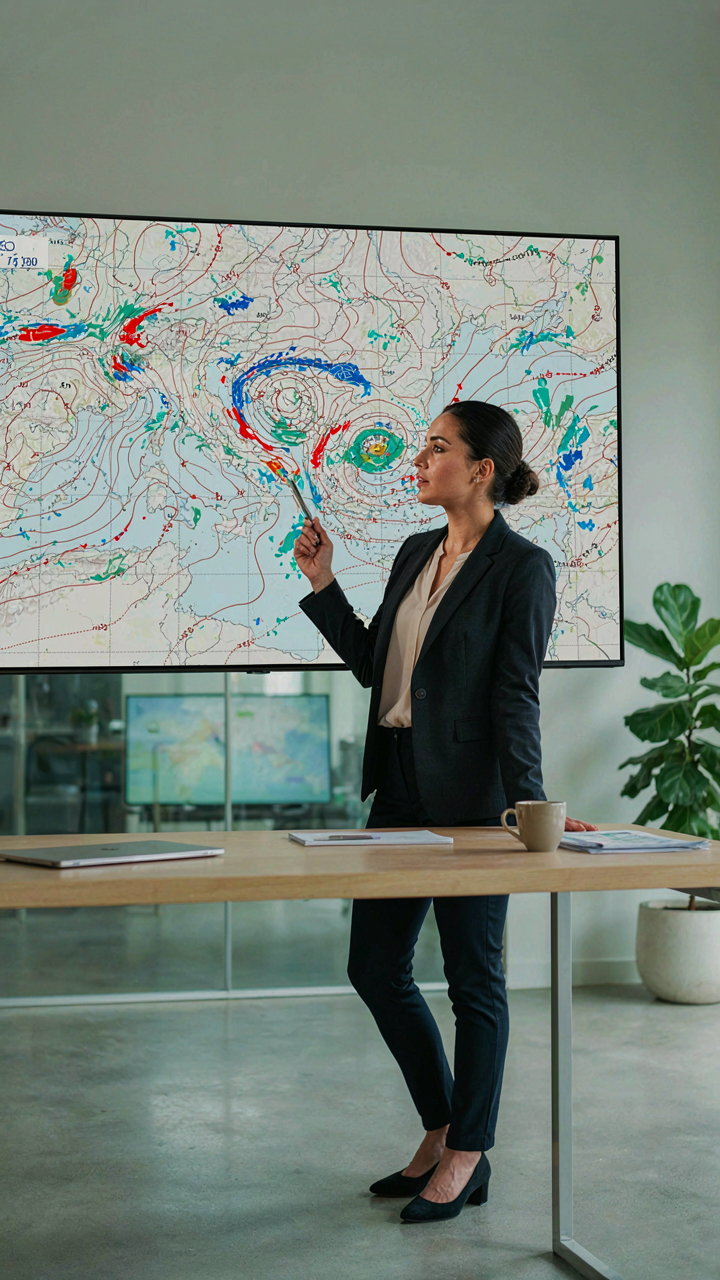 A meteorologist analyzing an intricate weather map on a computer screen.