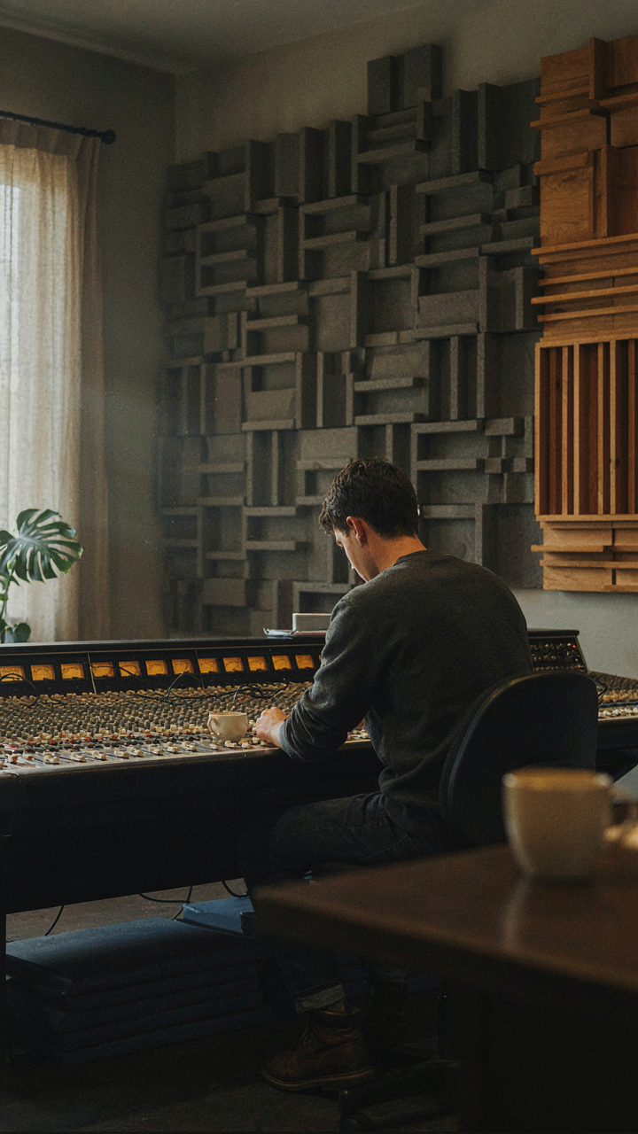 A soundproof recording studio wall with acoustic panels.