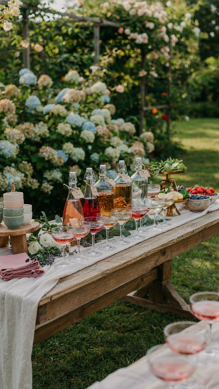 A unique, personalized self serve drink bar at a garden party.