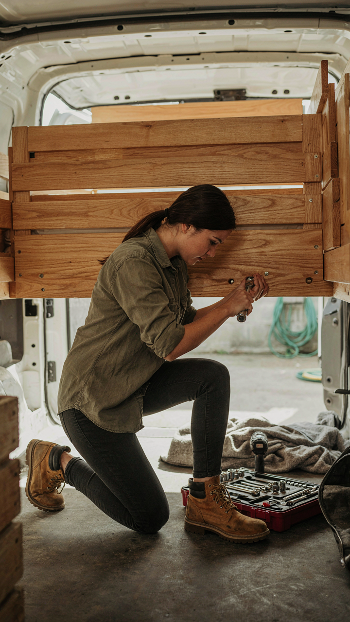 A person unbolts a modular bed frame from a cargo van conversion.