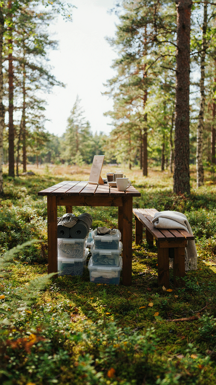 A tidy campsite welcome station with a small table, a sign, and guest supplies.