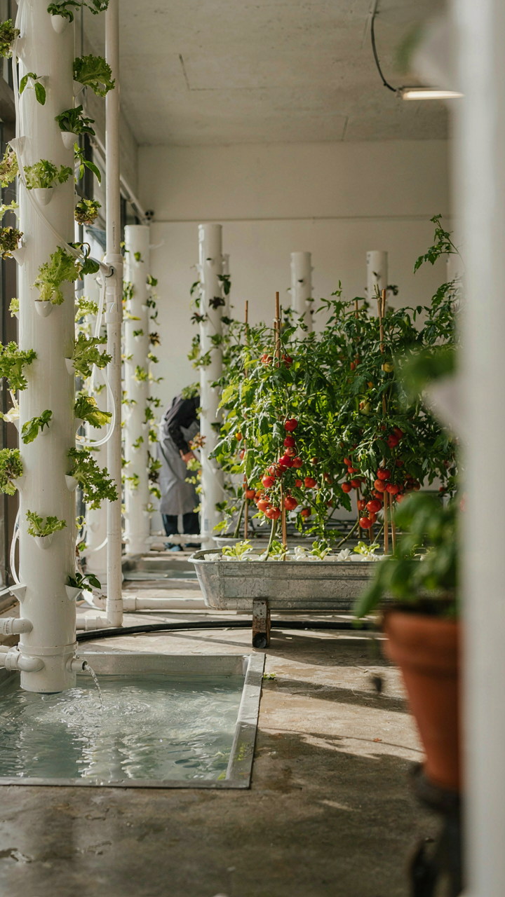 A vibrant indoor hydroponic farm with plants growing in water systems.