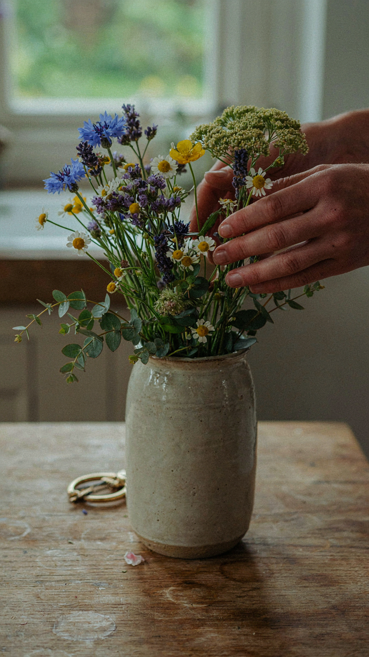 Hands arrange wildflowers in a rustic pottery vase, showing personal style.