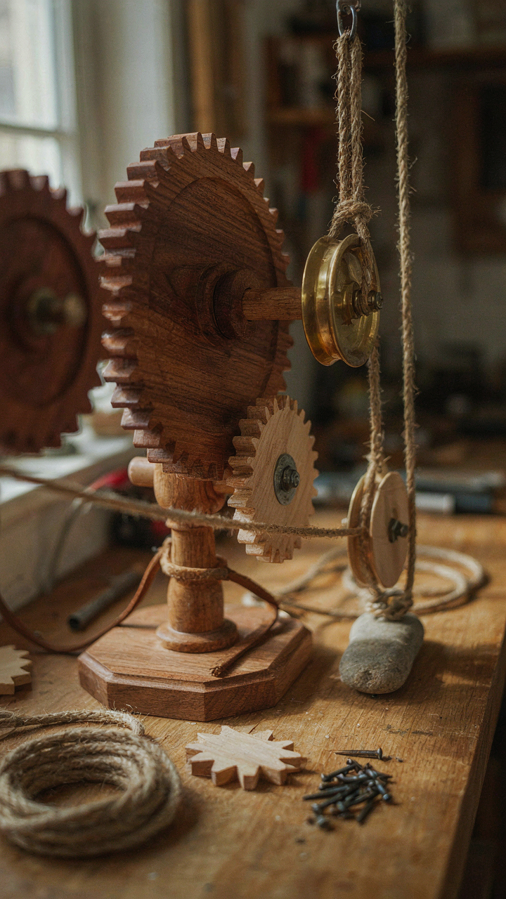 Interlocking gears made of wood and leaves show a feedback loop.