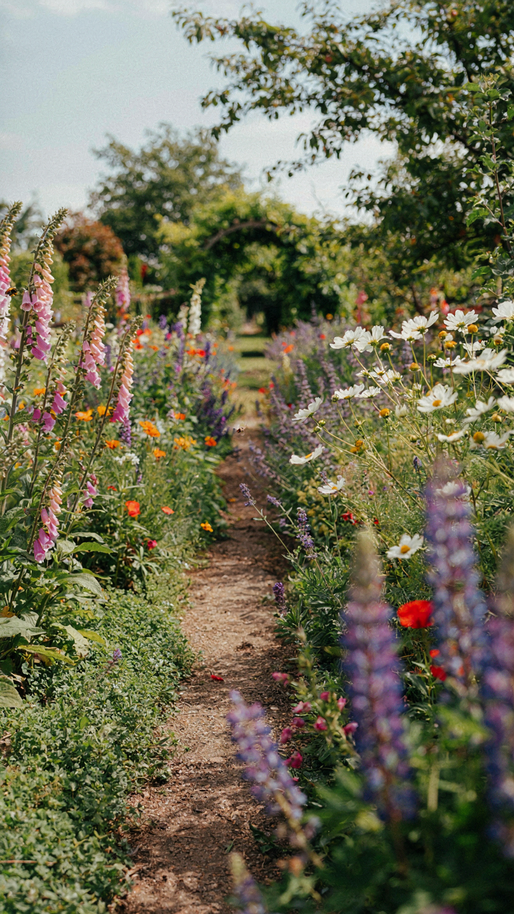 A charming path winds through a slightly overgrown wildflower garden.