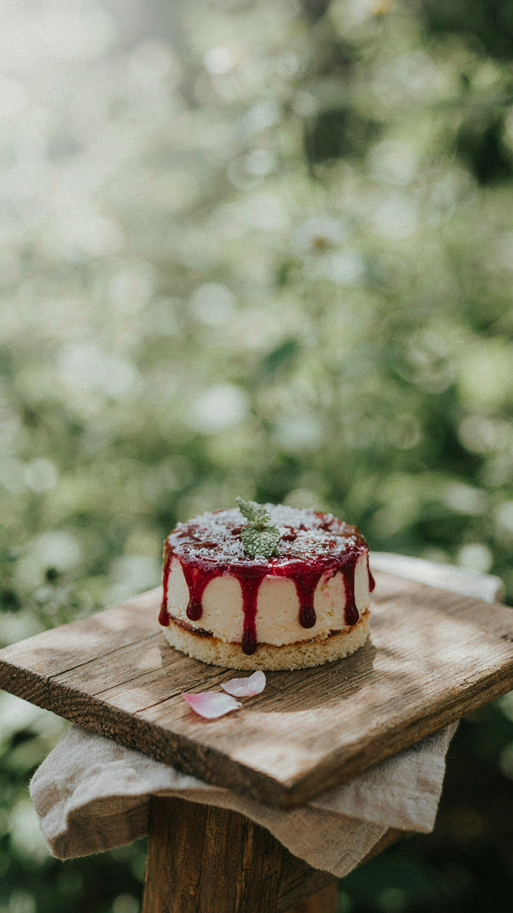 A single elegant dessert on a stand in a lush garden setting.
