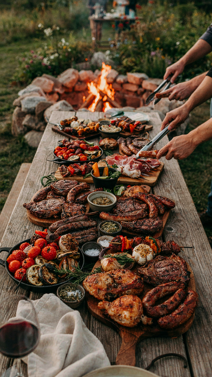 Grilled meats and vegetables are on a table next to a fire pit.