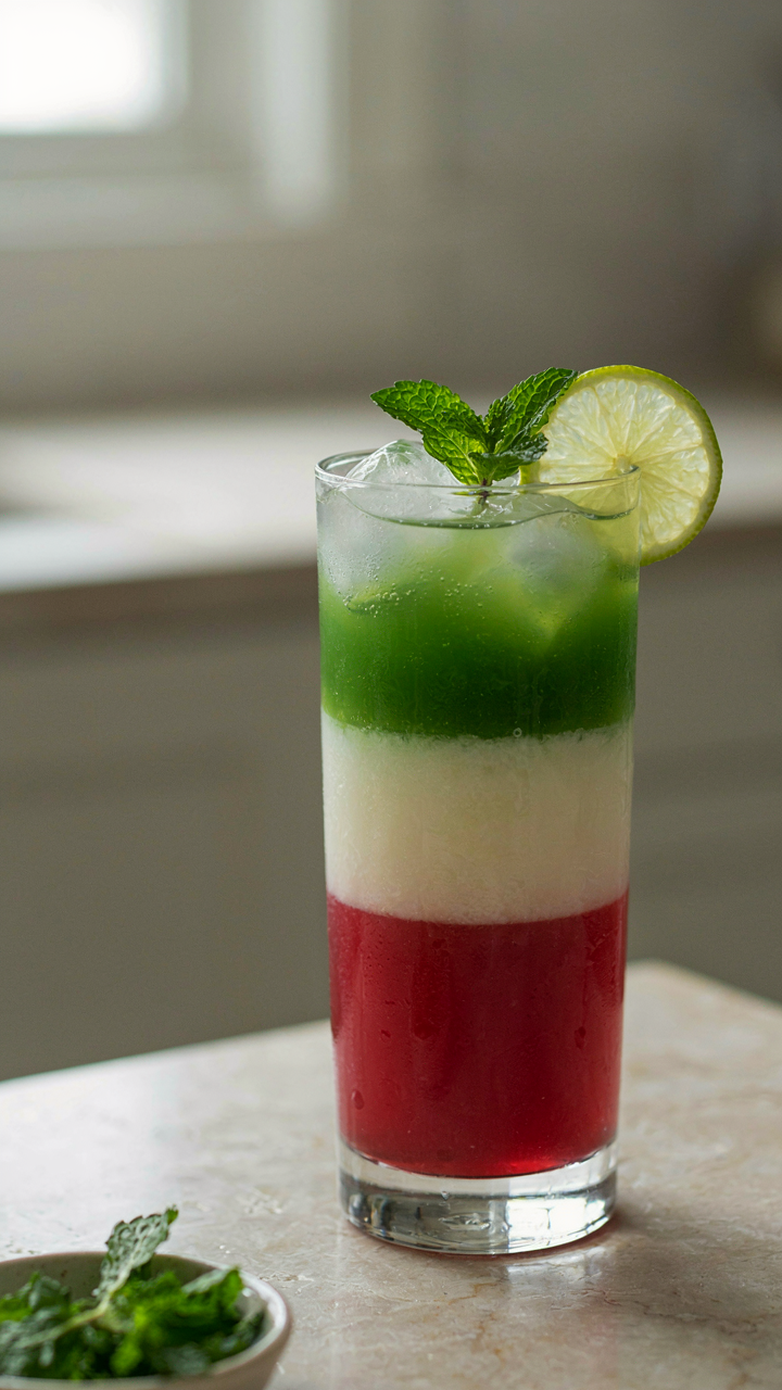 A colorful layered mocktail shows distinct color separations in a tall glass.