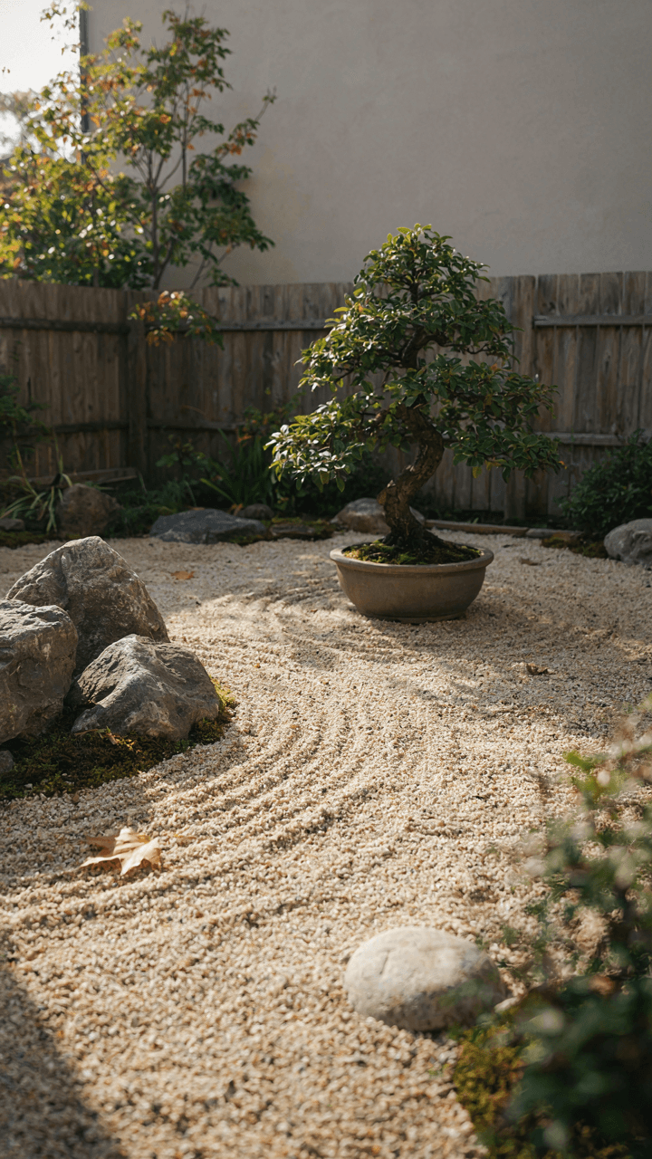 A minimalist backyard design with large rocks and a bonsai tree.