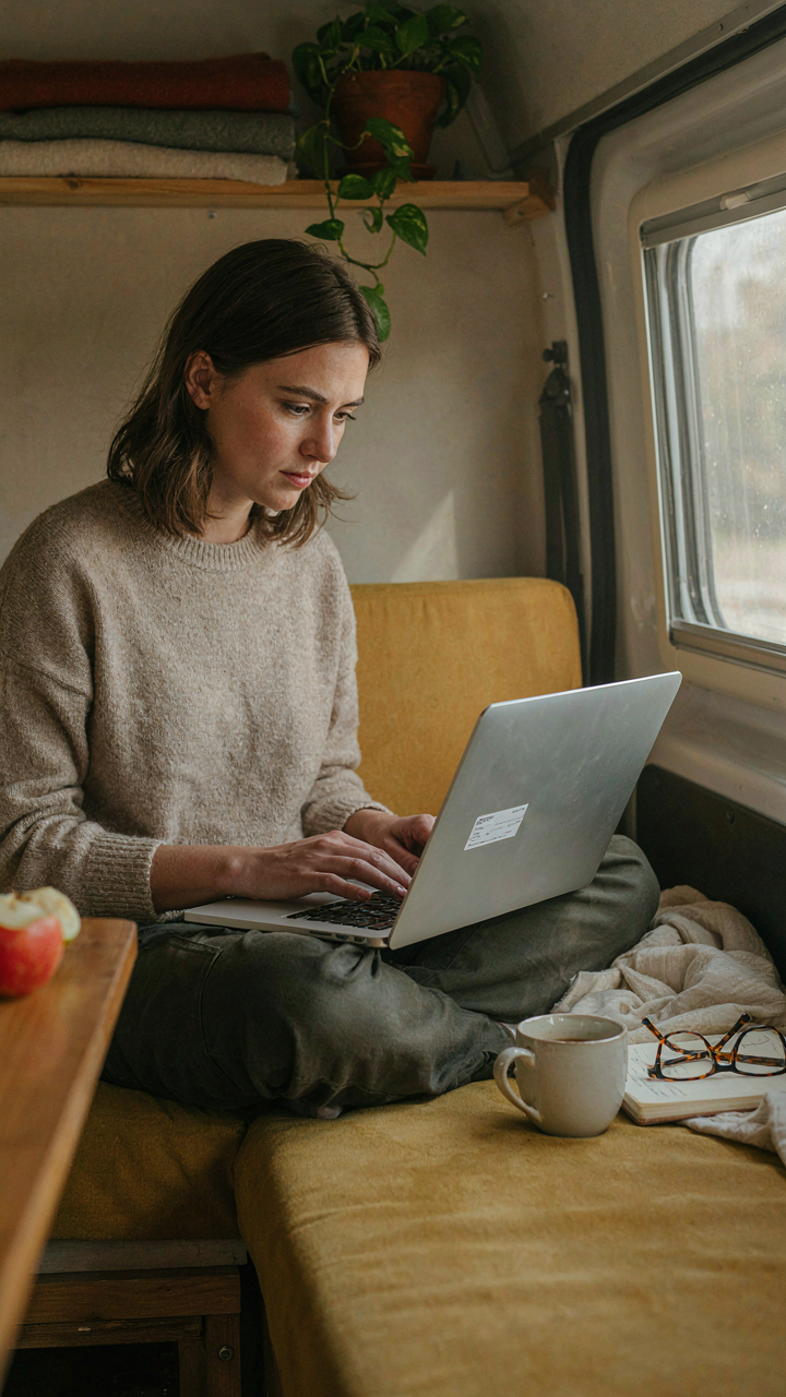 A person reviews a budget spreadsheet inside a small van.