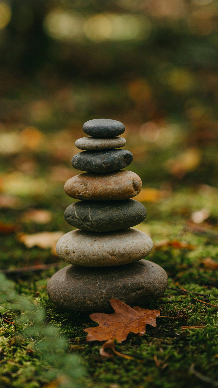 A carefully balanced stack of smooth river stones represents a stable system.