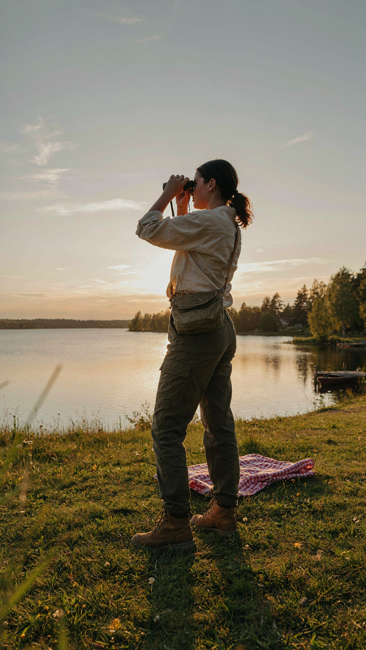 A person scouts a perfect sunset picnic spot with binoculars, like a strategist.