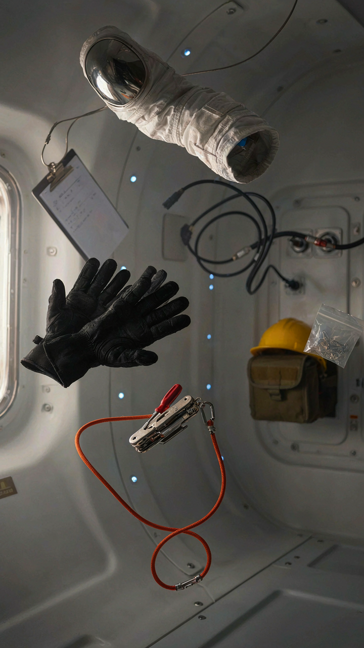Astronaut tools float and are secured inside a spacecraft.