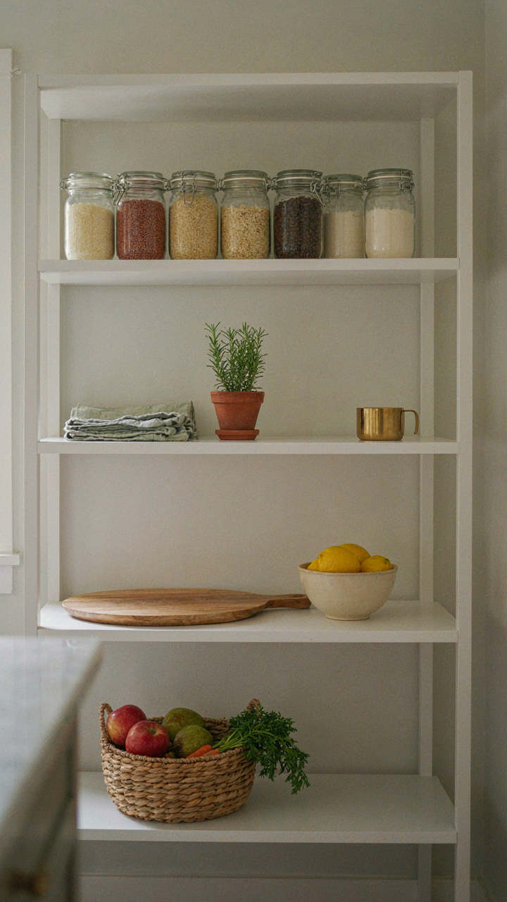 A well-organized pantry with neatly labeled jars of food.