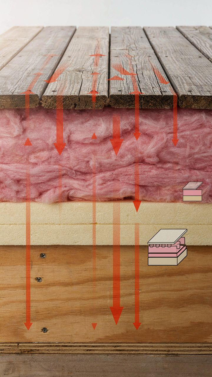 A cross-section of a skoolie roof shows insulation layers on a hot day.
