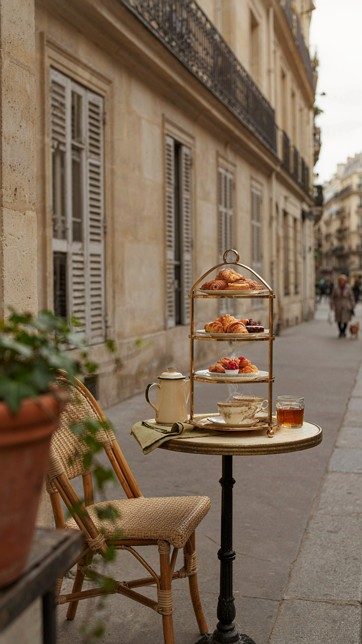 A small bistro table holds a three-tiered stand with treats and teacups.