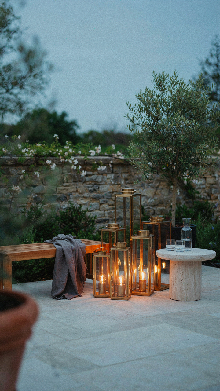 A cluster of modern outdoor lanterns creates a bright focal point.