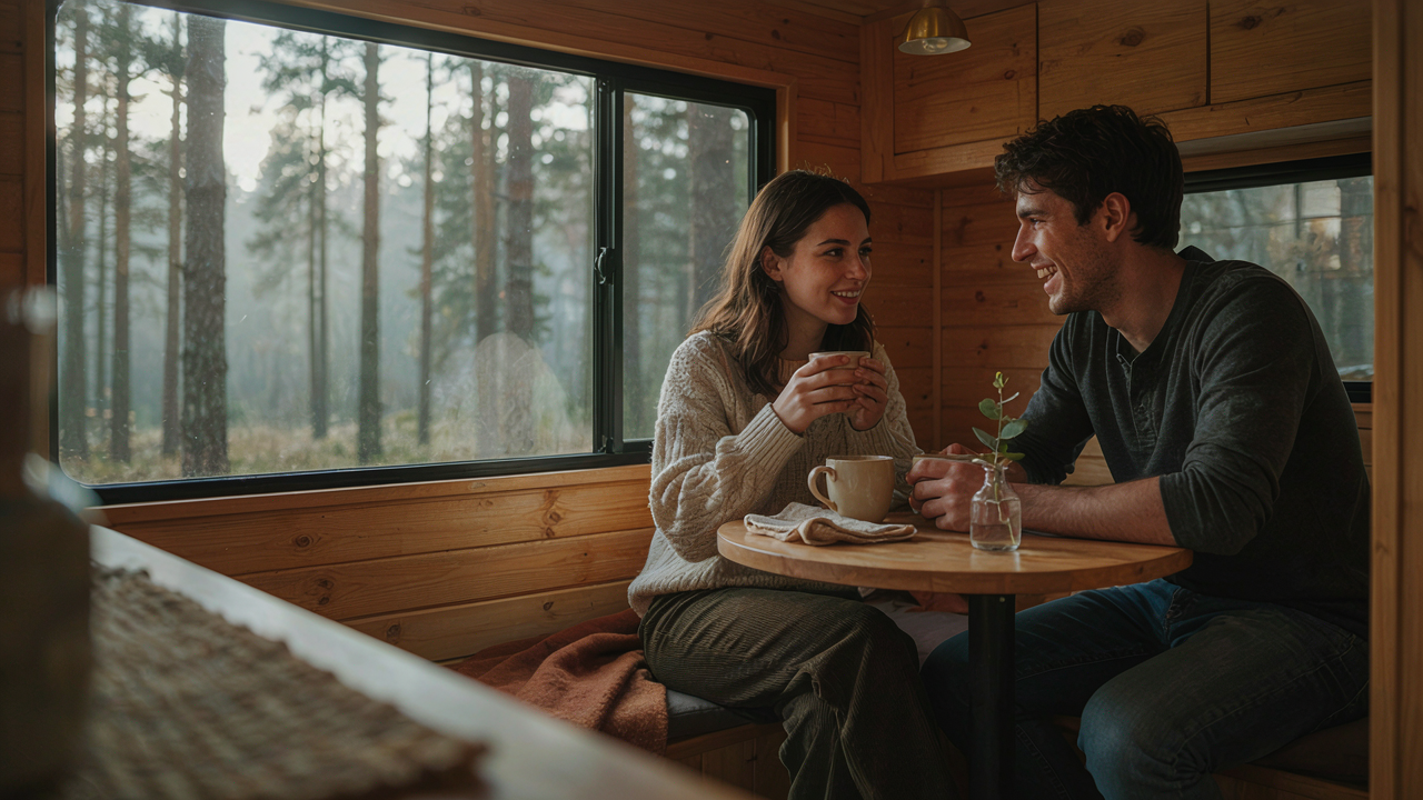 A smiling couple drinks coffee in a cozy tiny camper looking out at a forest.