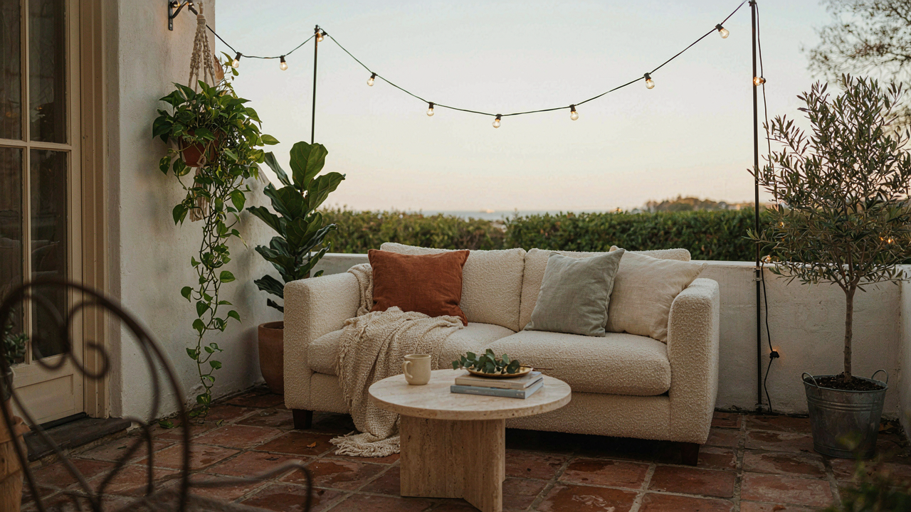 A stylish tiny patio with comfortable furniture and potted plants under warm string lights.