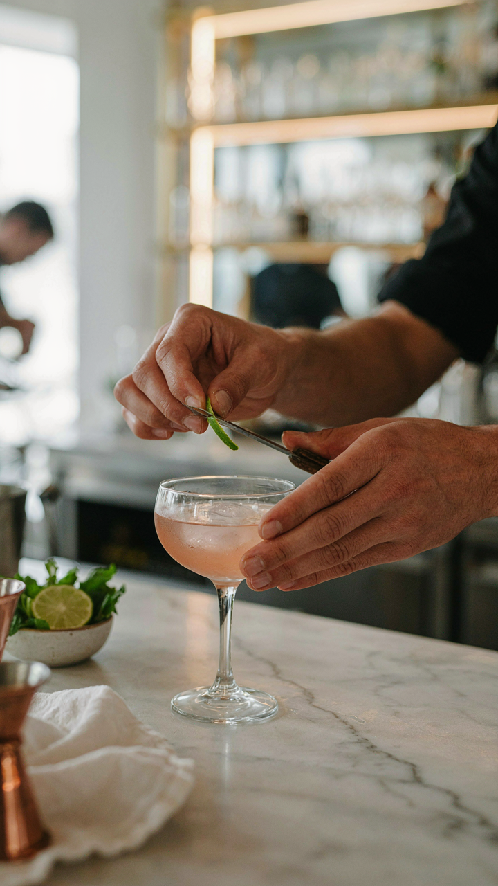 A bartender's hands skillfully using specialized bar tools to garnish.