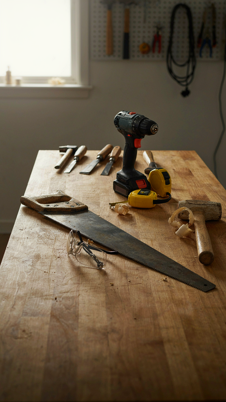 A neat workbench holds many woodworking tools like a saw and drill.